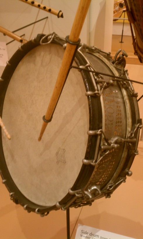 A super old and strange-looking snare drum. No make/model was listed in the description, at least that I could find. The hoops, the venting... so cool.